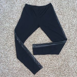 Black Cotton Leggings with Faux Leather Side Stripe